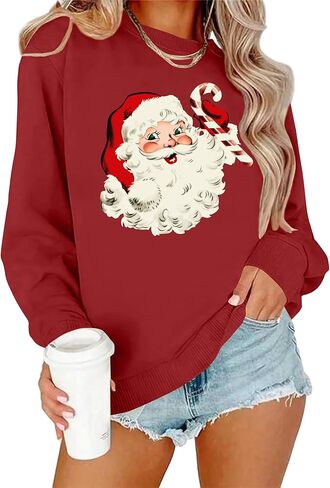 VVNTY Christmas Sweatshirts for Women Retro Santa Claus Graphic Long Sleeve Shirt Xmas Pullover Tops in Saudi Arabia