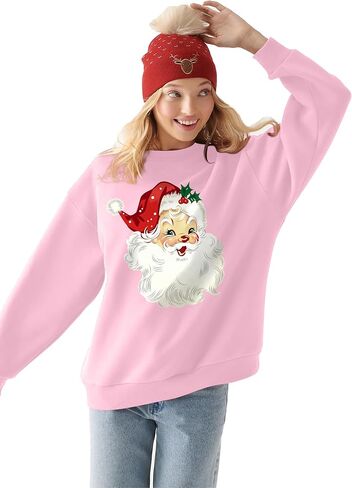VVNTY Christmas Sweatshirts for Women Retro Santa Claus Graphic Long Sleeve Shirt Xmas Pullover Tops in Saudi Arabia