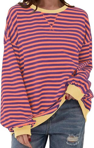 Women Striped Color Block Oversized Sweatshirt Long Sleeve Shirt Crewneck 2024 Fall Pullover Preppy Clothes in Saudi Arabia