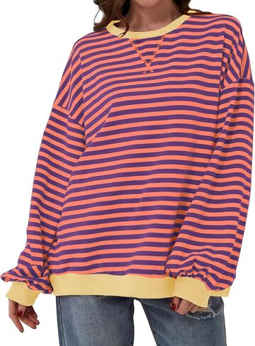 Women Striped Color Block Oversized Sweatshirt Long Sleeve Shirt Crewneck 2024 Fall Pullover Preppy Clothes in Saudi Arabia