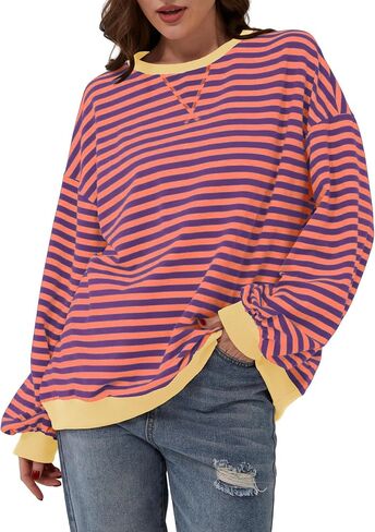 Women Striped Color Block Oversized Sweatshirt Long Sleeve Shirt Crewneck 2024 Fall Pullover Preppy Clothes in Saudi Arabia