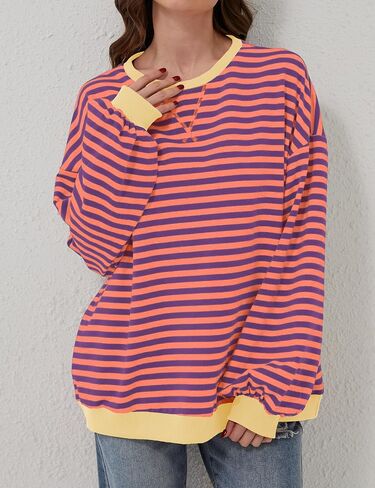 Women Striped Color Block Oversized Sweatshirt Long Sleeve Shirt Crewneck 2024 Fall Pullover Preppy Clothes in Saudi Arabia