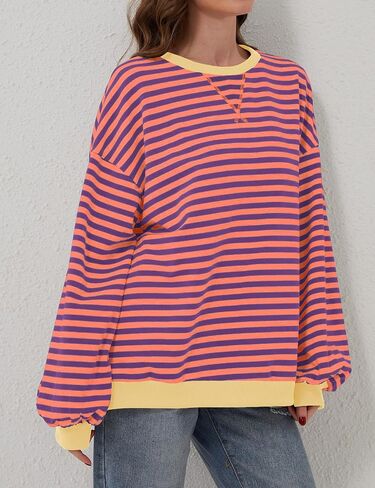 Women Striped Color Block Oversized Sweatshirt Long Sleeve Shirt Crewneck 2024 Fall Pullover Preppy Clothes in Saudi Arabia