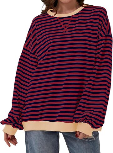 Women Striped Color Block Oversized Sweatshirt Long Sleeve Shirt Crewneck 2024 Fall Pullover Preppy Clothes in Saudi Arabia
