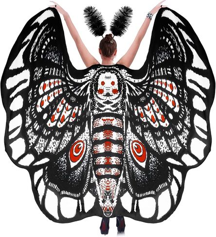 Moth Wings Costume for Women Printing Butterfly Cape Halloween Fairy Cloak with Feather Headband Set Party Dress up in Saudi Arabia