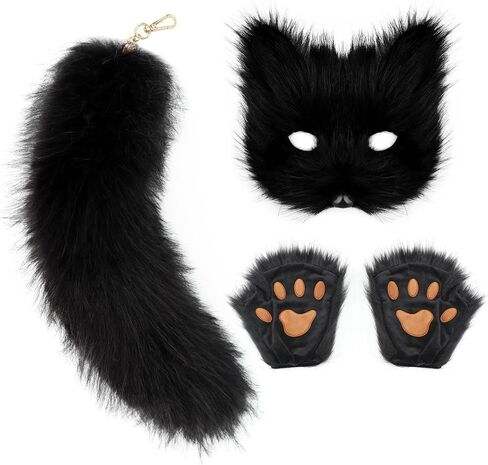 Cat Fox Mask Tail and Paws Gloves Set Furry Animal Therian Kit Masquerade Halloween Cosplay Costume Accessory in Saudi Arabia