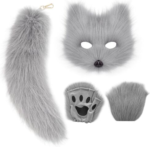 Cat Fox Mask Tail and Paws Gloves Set Furry Animal Therian Kit Masquerade Halloween Cosplay Costume Accessory in Saudi Arabia