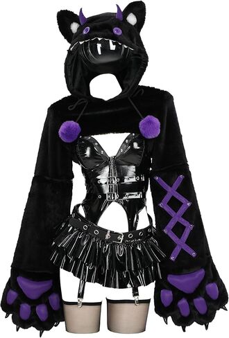 MEOWCOS Paw Hoodie Top Set Gothic PU Leather Corset Top and Mini Skirt with Thigh High Stocking in Saudi Arabia