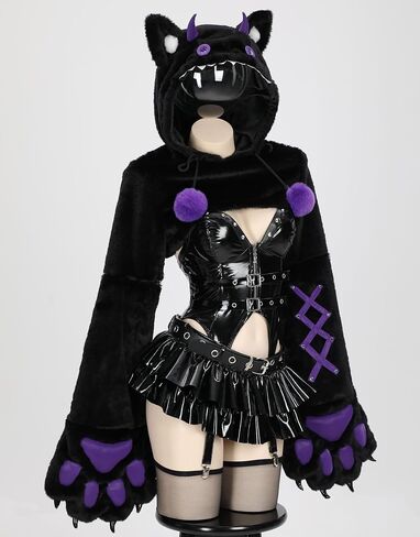 MEOWCOS Paw Hoodie Top Set Gothic PU Leather Corset Top and Mini Skirt with Thigh High Stocking in Saudi Arabia
