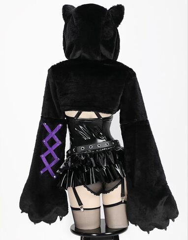 MEOWCOS Paw Hoodie Top Set Gothic PU Leather Corset Top and Mini Skirt with Thigh High Stocking in Saudi Arabia