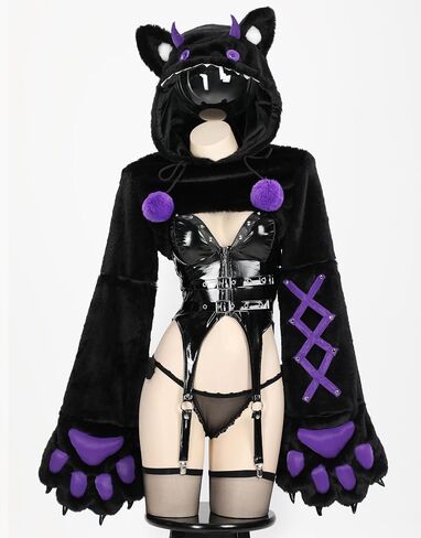 MEOWCOS Paw Hoodie Top Set Gothic PU Leather Corset Top and Mini Skirt with Thigh High Stocking in Saudi Arabia