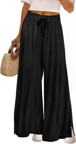 YESNO Women's Wide Leg Pants Fall Elastic High Waist Casual Loose Palazzo Trousers with Pockets and Side Split PW0 in Kuwait