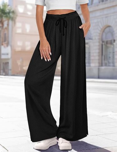 YESNO Women's Wide Leg Pants Fall Elastic High Waist Casual Loose Palazzo Trousers with Pockets and Side Split PW0 in Kuwait