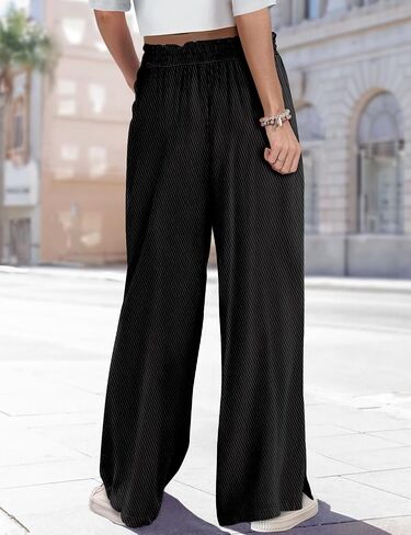 YESNO Women's Wide Leg Pants Fall Elastic High Waist Casual Loose Palazzo Trousers with Pockets and Side Split PW0 in Kuwait