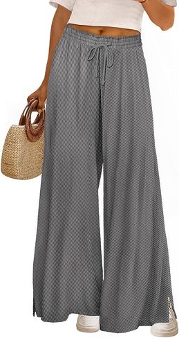 YESNO Women's Wide Leg Pants Fall Elastic High Waist Casual Loose Palazzo Trousers with Pockets and Side Split PW0 in Kuwait