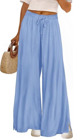 YESNO سروال نسائي واسع الساق خريف مرن عالي الخصر كاجوال فضفاض بنطلون بالازو مع جيوب وفتحة جانبية PW0 in Kuwait