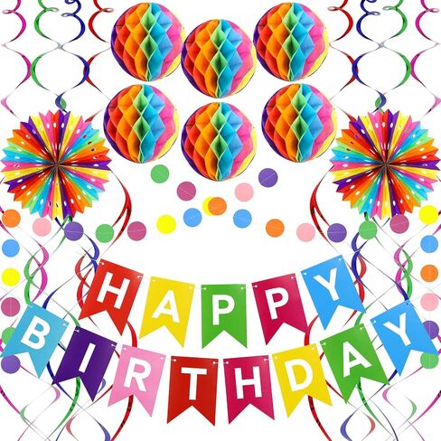 Happy Birthday Party Decorations Pack with Rainbow Happy Birthday Banner, Honeycomb Balls, Circle Dot Garland, Paper Bunting Banner, Paper Fans and Hanging Swirls Streamers in Saudi Arabia
