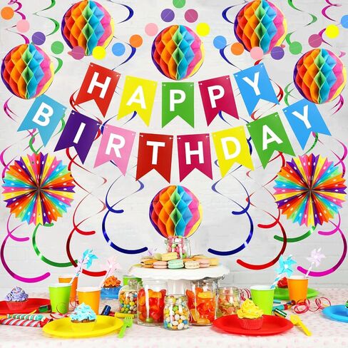Happy Birthday Party Decorations Pack with Rainbow Happy Birthday Banner, Honeycomb Balls, Circle Dot Garland, Paper Bunting Banner, Paper Fans and Hanging Swirls Streamers in Saudi Arabia