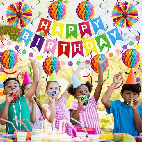Happy Birthday Party Decorations Pack with Rainbow Happy Birthday Banner, Honeycomb Balls, Circle Dot Garland, Paper Bunting Banner, Paper Fans and Hanging Swirls Streamers in Saudi Arabia