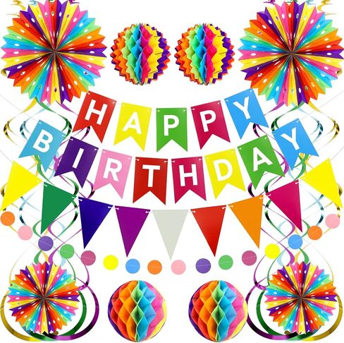 Happy Birthday Party Decorations Pack with Rainbow Happy Birthday Banner, Honeycomb Balls, Circle Dot Garland, Paper Bunting Banner, Paper Fans and Hanging Swirls Streamers in Saudi Arabia