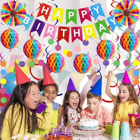 Happy Birthday Party Decorations Pack with Rainbow Happy Birthday Banner, Honeycomb Balls, Circle Dot Garland, Paper Bunting Banner, Paper Fans and Hanging Swirls Streamers in Saudi Arabia