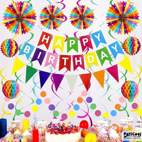 Happy Birthday Party Decorations Pack with Rainbow Happy Birthday Banner, Honeycomb Balls, Circle Dot Garland, Paper Bunting Banner, Paper Fans and Hanging Swirls Streamers in Saudi Arabia