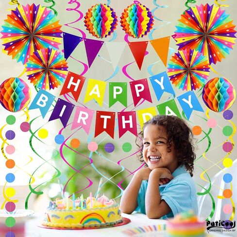 Happy Birthday Party Decorations Pack with Rainbow Happy Birthday Banner, Honeycomb Balls, Circle Dot Garland, Paper Bunting Banner, Paper Fans and Hanging Swirls Streamers in Saudi Arabia