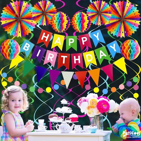 Happy Birthday Party Decorations Pack with Rainbow Happy Birthday Banner, Honeycomb Balls, Circle Dot Garland, Paper Bunting Banner, Paper Fans and Hanging Swirls Streamers in Saudi Arabia