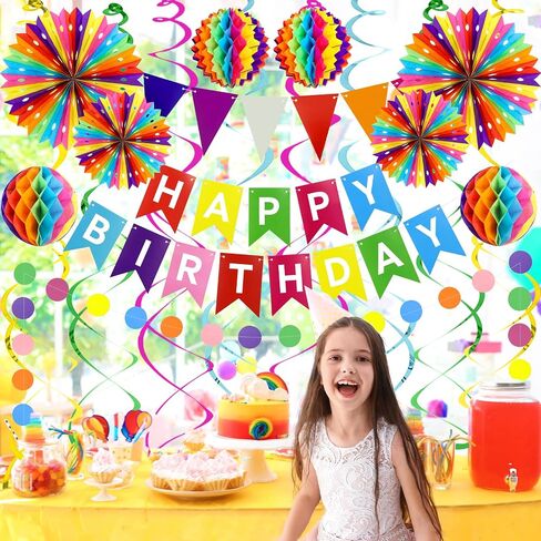 Happy Birthday Party Decorations Pack with Rainbow Happy Birthday Banner, Honeycomb Balls, Circle Dot Garland, Paper Bunting Banner, Paper Fans and Hanging Swirls Streamers in Saudi Arabia