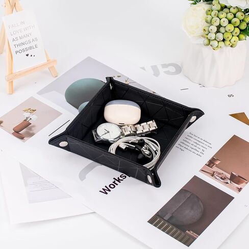 PU Leather Valet Tray for Mens and Women Catchall Tray for Keys,Watch,Jewelry Small Nightstand Bedside and Entry Table Tray Gift for Dad Husband (BlackChequer) in Saudi Arabia
