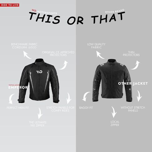 WD Emperor Men's Cordura Motorcycle Jacket (Black, X-Large), All Season, CE Approved Armor in Kuwait