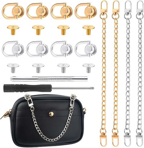 4 Pcs Flat Chain Belt Purse Chain Strap 10 Inch Purse Chain and 8 Pcs Studs Rivets D Ring Flat Purse Strap Extender Shoulder Replacement Straps with Post Head Buttons and Hole Punch (Gold, Silver) in Saudi Arabia
