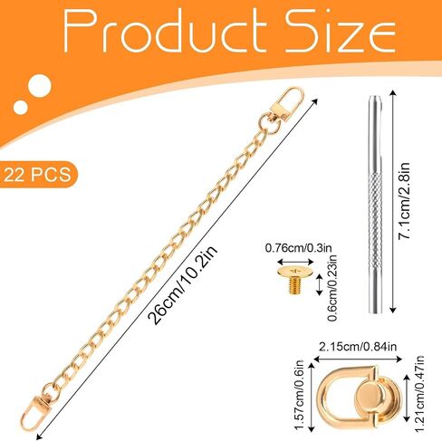 4 Pcs Flat Chain Belt Purse Chain Strap 10 Inch Purse Chain and 8 Pcs Studs Rivets D Ring Flat Purse Strap Extender Shoulder Replacement Straps with Post Head Buttons and Hole Punch (Gold, Silver) in Saudi Arabia