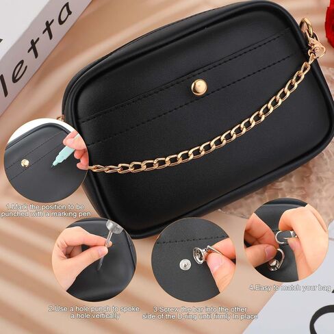 4 Pcs Flat Chain Belt Purse Chain Strap 10 Inch Purse Chain and 8 Pcs Studs Rivets D Ring Flat Purse Strap Extender Shoulder Replacement Straps with Post Head Buttons and Hole Punch (Gold, Silver) in Saudi Arabia