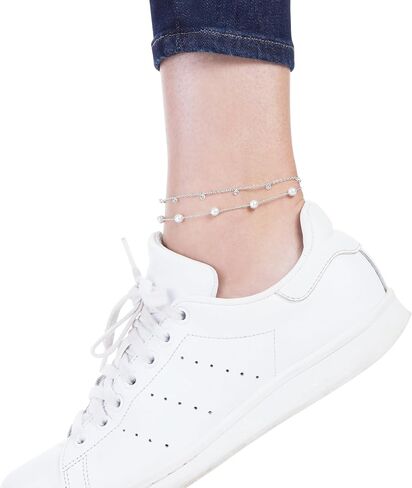Amazon Essentials Plated Pearl and Cubic Zirconia Dangle Anklet Set in Saudi Arabia