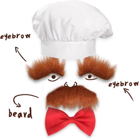 Novelty Swedish Chef Costumes, Chef Hat, Red Bow, Brown Self Adhesive Fake Eyebrows Moustache Kit Cosplay Props in Saudi Arabia