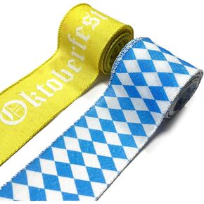 2 Rolls Oktoberfest Craft Ribbons for Wreath Bows, 2.5"×10 Yards Blue and White Diamond Wired Edge Ribbon Yellow Oktoberfest Bavarian Gingham Decorative Ribbon for DIY Craft Wrapping Bow in Kuwait