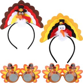 WILLBOND 2 Pieces Thanksgiving Turkey Headbands, 2 Pieces Thanksgiving Sunglasses, Funny Thanksgiving Turkey Decorations for Thanksgiving Day or Party
