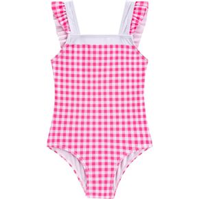 LIZENS Girls One Piece Swimwear Ruffle Trim Checkered 2-12Years Beach Bathing Swimsuit for Kids