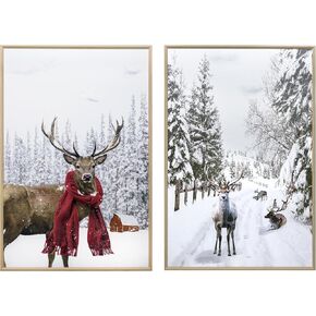 ArtbyHannah 12x16 Inch Christmas Canvas Wall Art, 2 Pack Framed Christmas Wall Decor, Winter Wall Art with Deer in Snowy Forest, Reindeer Christmas Decor for Christmas Wall Decoration