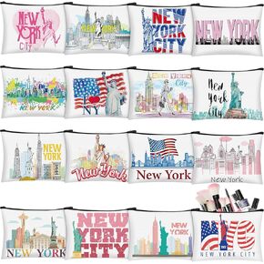 16 Pcs City Cosmetic Bag New York Souvenir Gifts Makeup Bag Italy Los Angeles Travel Vacation Zipper Pouch Purse for Women Birthday Christmas Trip Gifts Party Favors(New York)