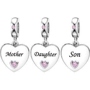 KunBead 3 pcs Pink Dangle Heart I Love You Family Charms Compatible with Pandora Bracelet for Mom Mother Daughter Nana Granddaughter Best Friends Sister