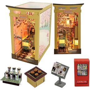 3D Wooden Book Stand Puzzle DIY Dollhouse Wood Bookends Book Nook Model Building Kit with LED Light for Teens and Adults to Build-Creativity Gift for Birthdays Christmas Halloween