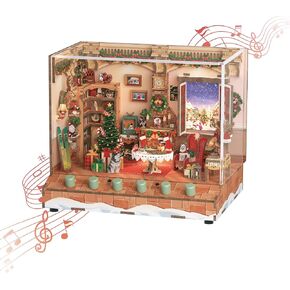 Tonecheer DIY Miniature House Kit, Wooden Dollhouse Kit with Music and White Noise,Tiny Diorama House Building Set with Electronic Screen Kit Creative Idea Gifts for Aduls (The Christmas Cottage)