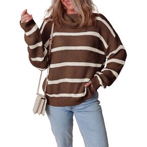 Dokotoo Sweaters for Women Casual Long Sleeve Turtleneck Knit Striped Color Block Loose Pullover Jumpers Tops