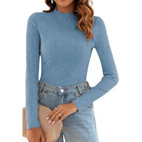 Poetsky Women's Fall Long Sleeve Tops Lightweight Turtleneck Sweater Ribbed Fitted Basic Shirts