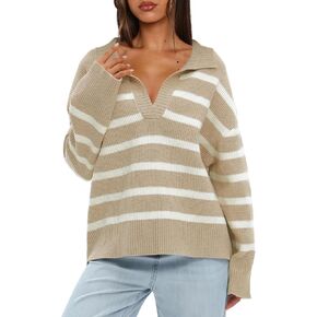Darong Women's Casual Striped Pullover Sweater Long Sleeve Polo V Neck Loose Fit Knitwear Jumper Tops
