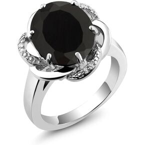 Gem Stone King 4.07 Cttw Black Onyx Engagement Ring For Women | 925 Sterling Silver | Gemstone December Birthstone | Oval 12X10MM | Available in Size 5,6,7,8,9