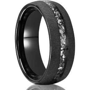 Black Tungsten Carbide Ring for Men and Women 8mm Inlaid Meteorite Fragments Men's Wedding Ring Frosted Polished Suitable for Engagement Anniversary