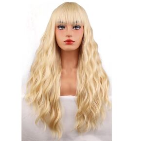 MAGQOO Blonde Wigs for Women Long Curly Wavy Blonde Wig with Bangs Synthetic Halloween Cosplay Party Wig